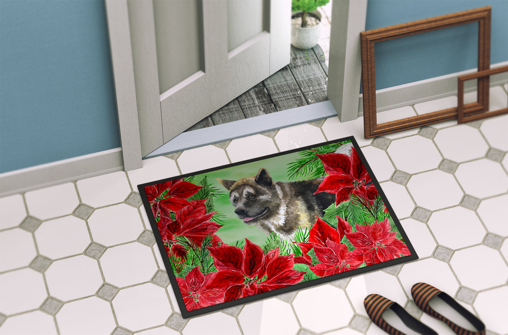 American Akita Poinsettas Indoor or Outdoor Mat 18x27 CK1317MAT - the-store.com