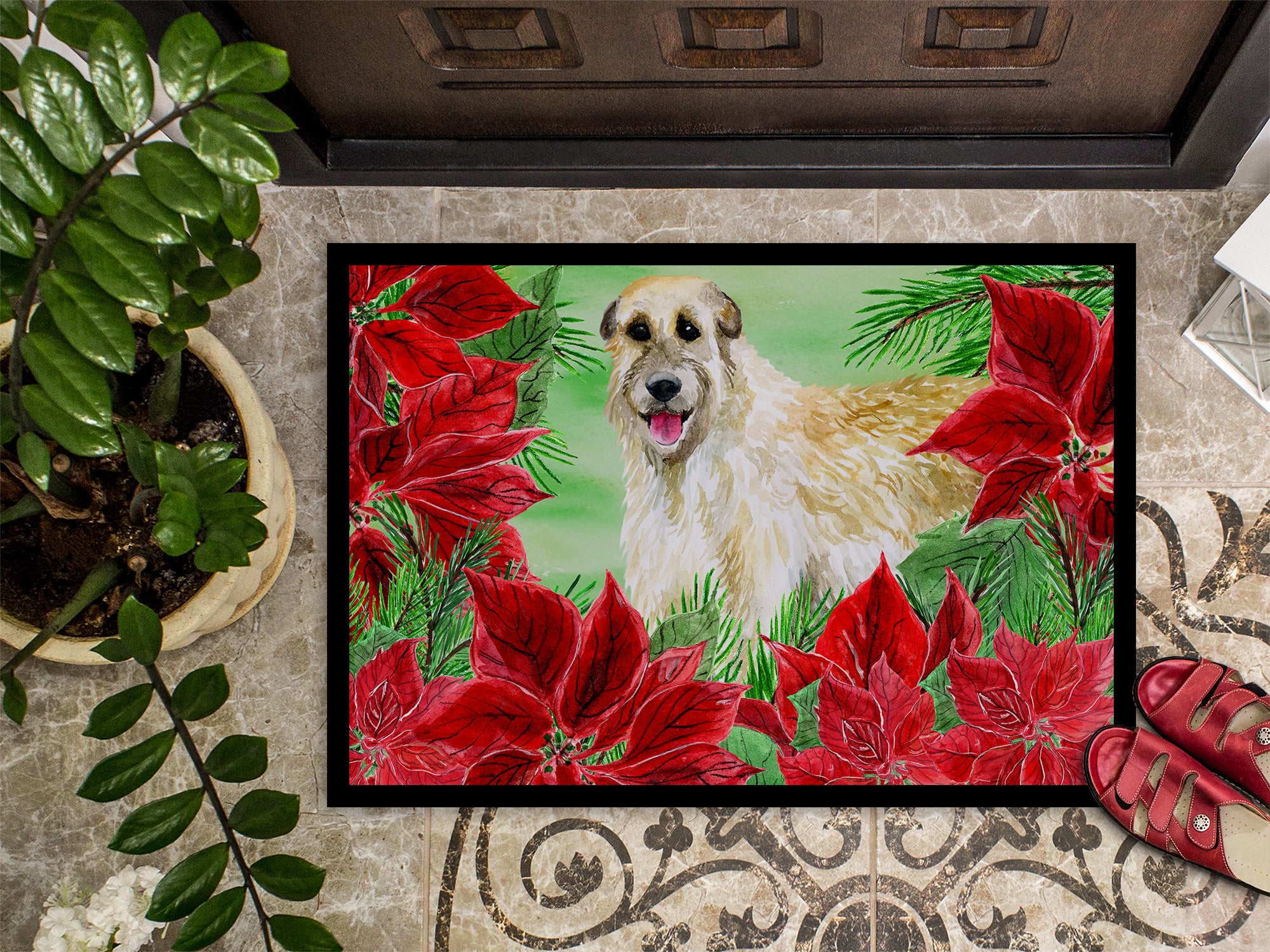 Irish Wolfhound Poinsettas Indoor or Outdoor Mat 18x27 CK1318MAT - the-store.com