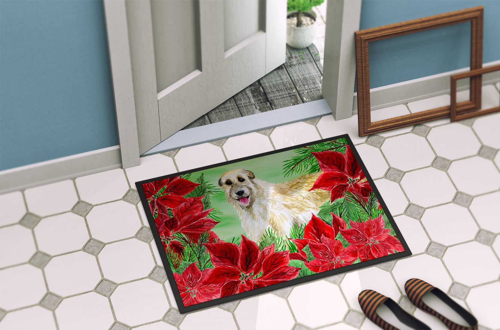 Irish Wolfhound Poinsettas Indoor or Outdoor Mat 18x27 CK1318MAT - the-store.com