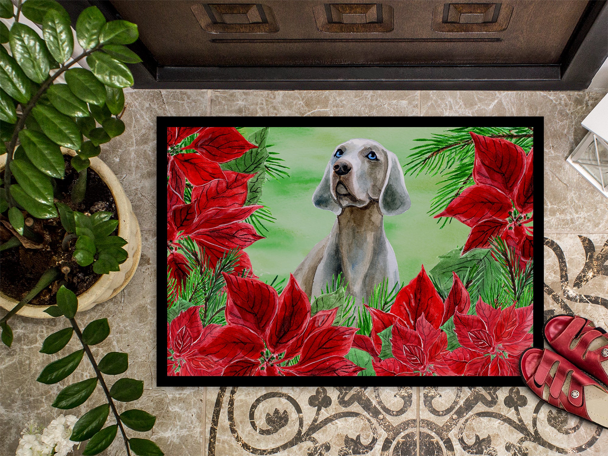 Weimaraner Poinsettas Indoor or Outdoor Mat 18x27 CK1322MAT - the-store.com