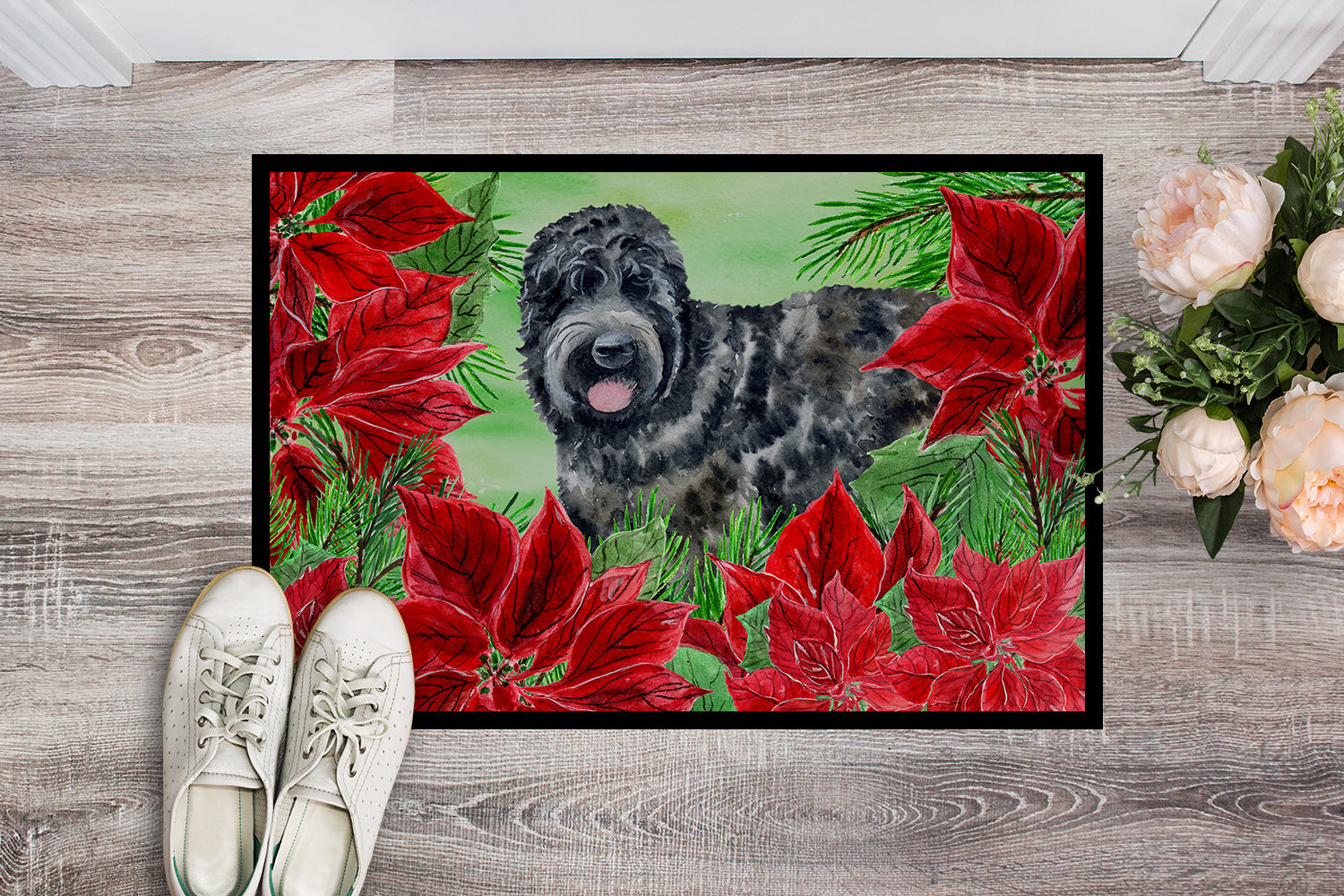 Black Russian Terrier Poinsettas Indoor or Outdoor Mat 18x27 CK1325MAT - the-store.com