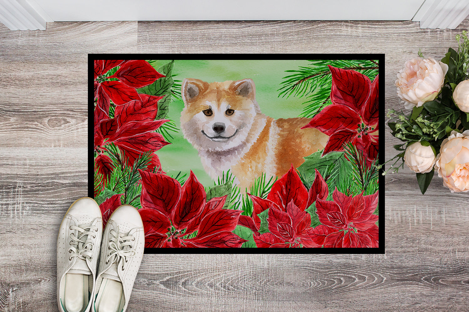 Shiba Inu Poinsettas Indoor or Outdoor Mat 18x27 CK1326MAT - the-store.com