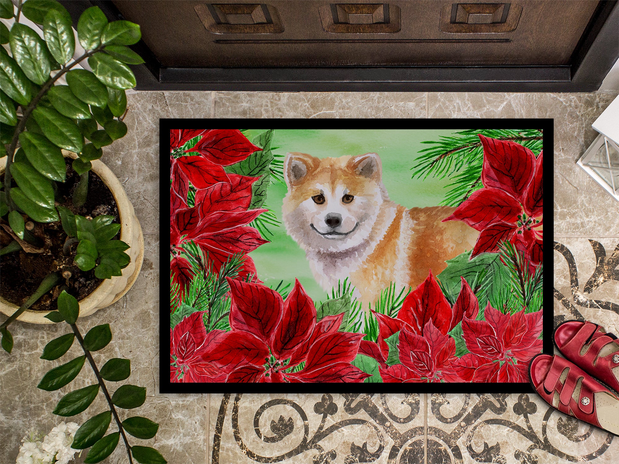 Shiba Inu Poinsettas Indoor or Outdoor Mat 18x27 CK1326MAT - the-store.com