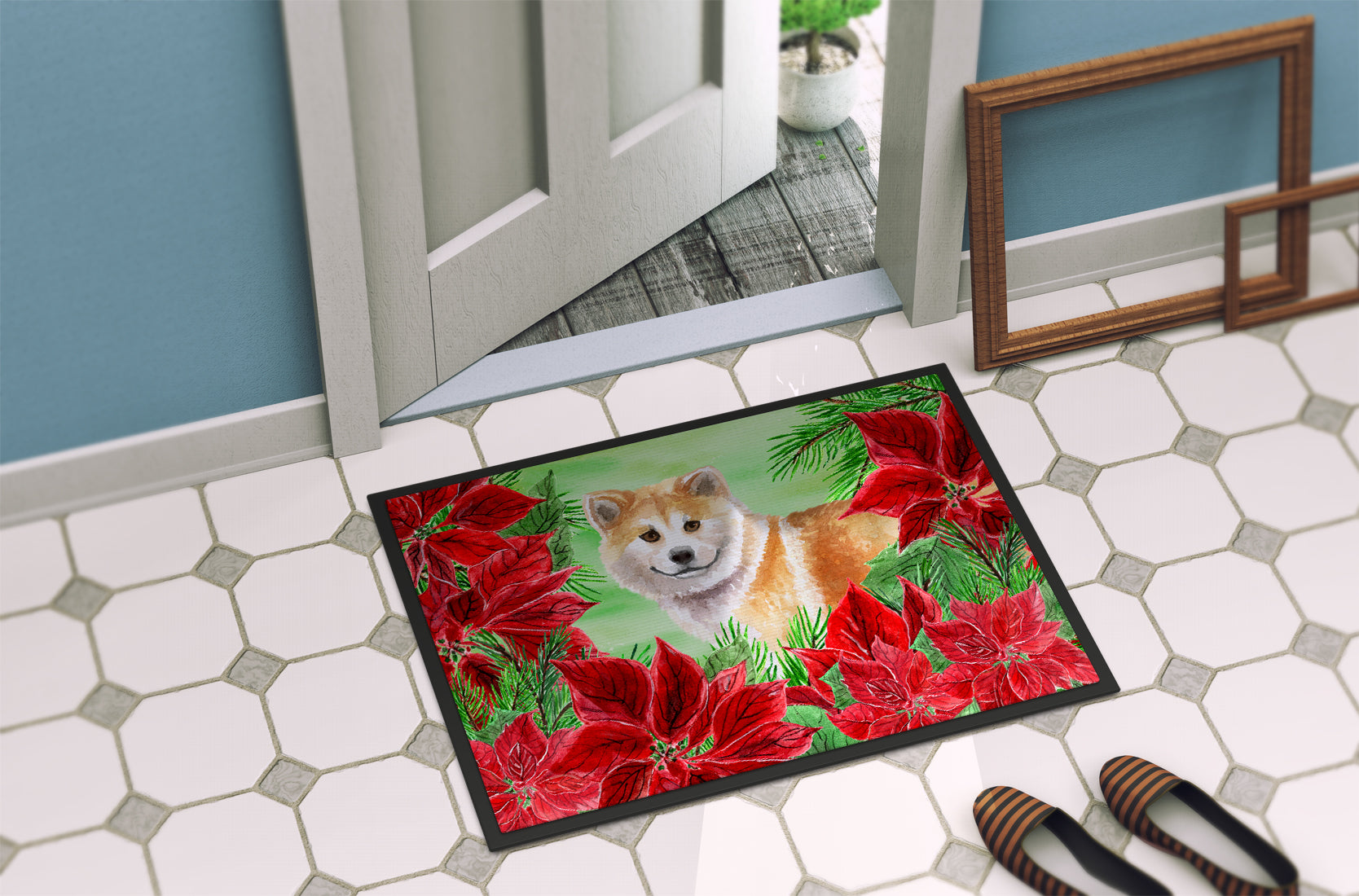 Shiba Inu Poinsettas Indoor or Outdoor Mat 18x27 CK1326MAT - the-store.com