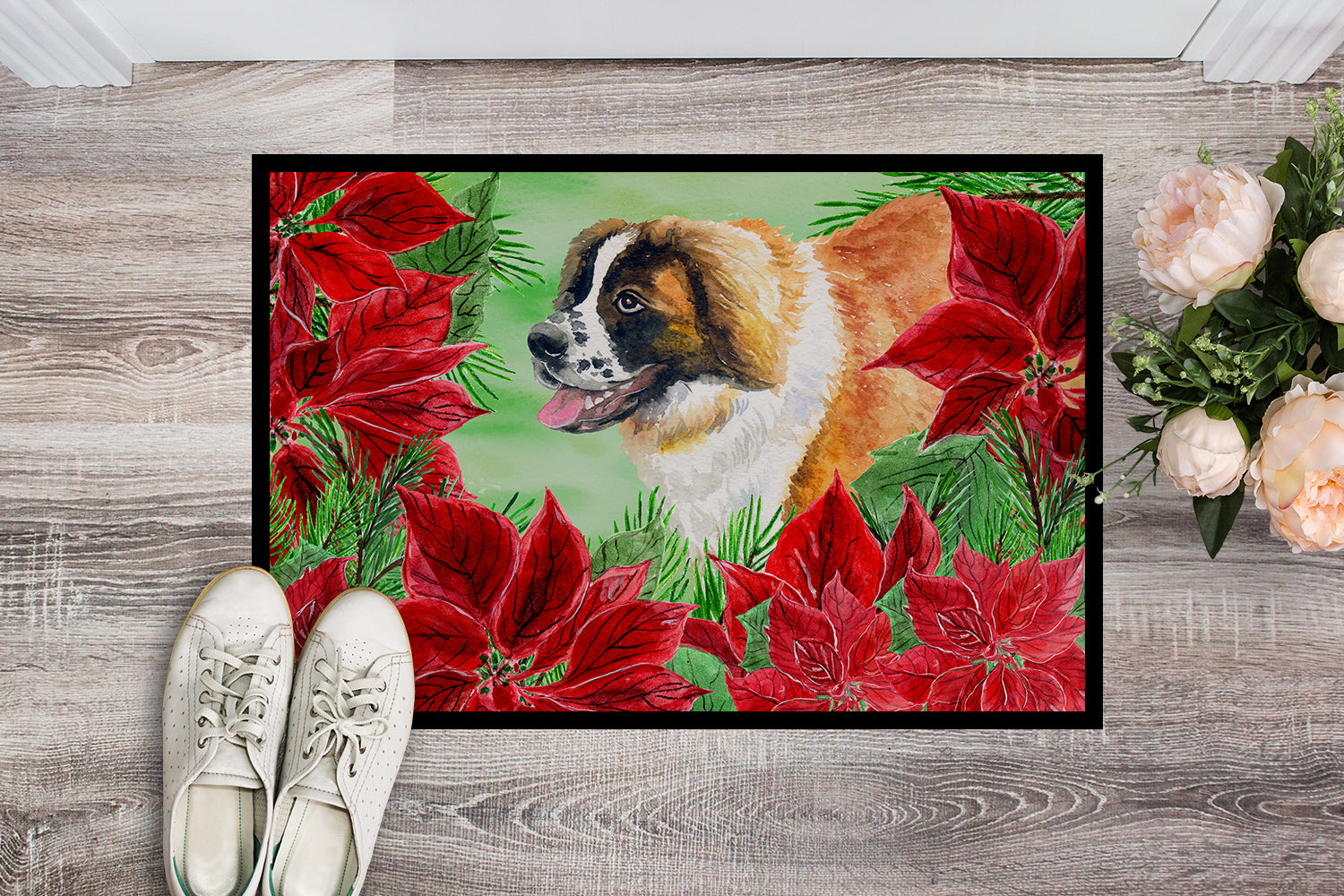 Saint Bernard Poinsettas Indoor or Outdoor Mat 18x27 CK1327MAT - the-store.com