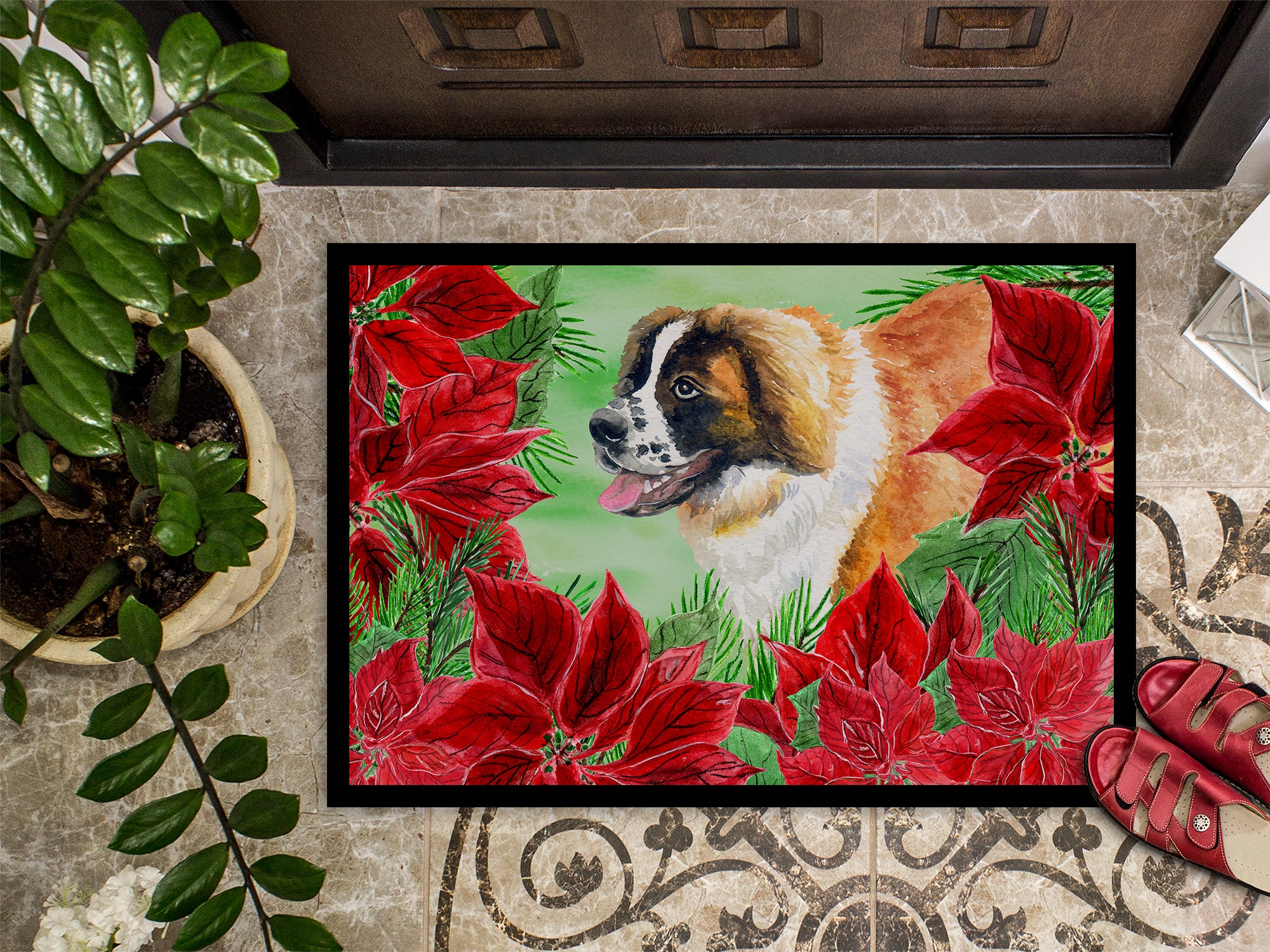 Saint Bernard Poinsettas Indoor or Outdoor Mat 18x27 CK1327MAT - the-store.com