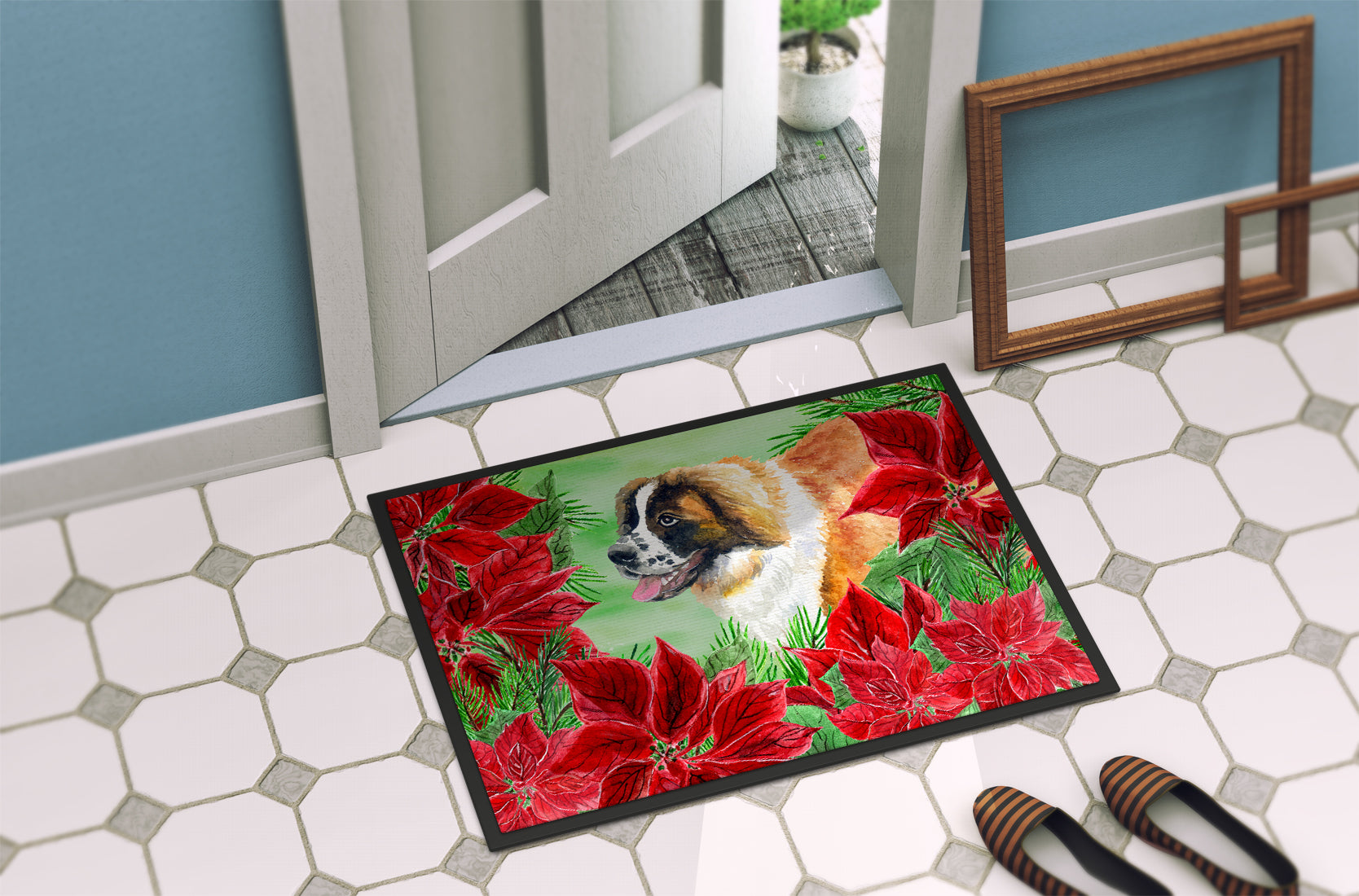 Saint Bernard Poinsettas Indoor or Outdoor Mat 18x27 CK1327MAT - the-store.com