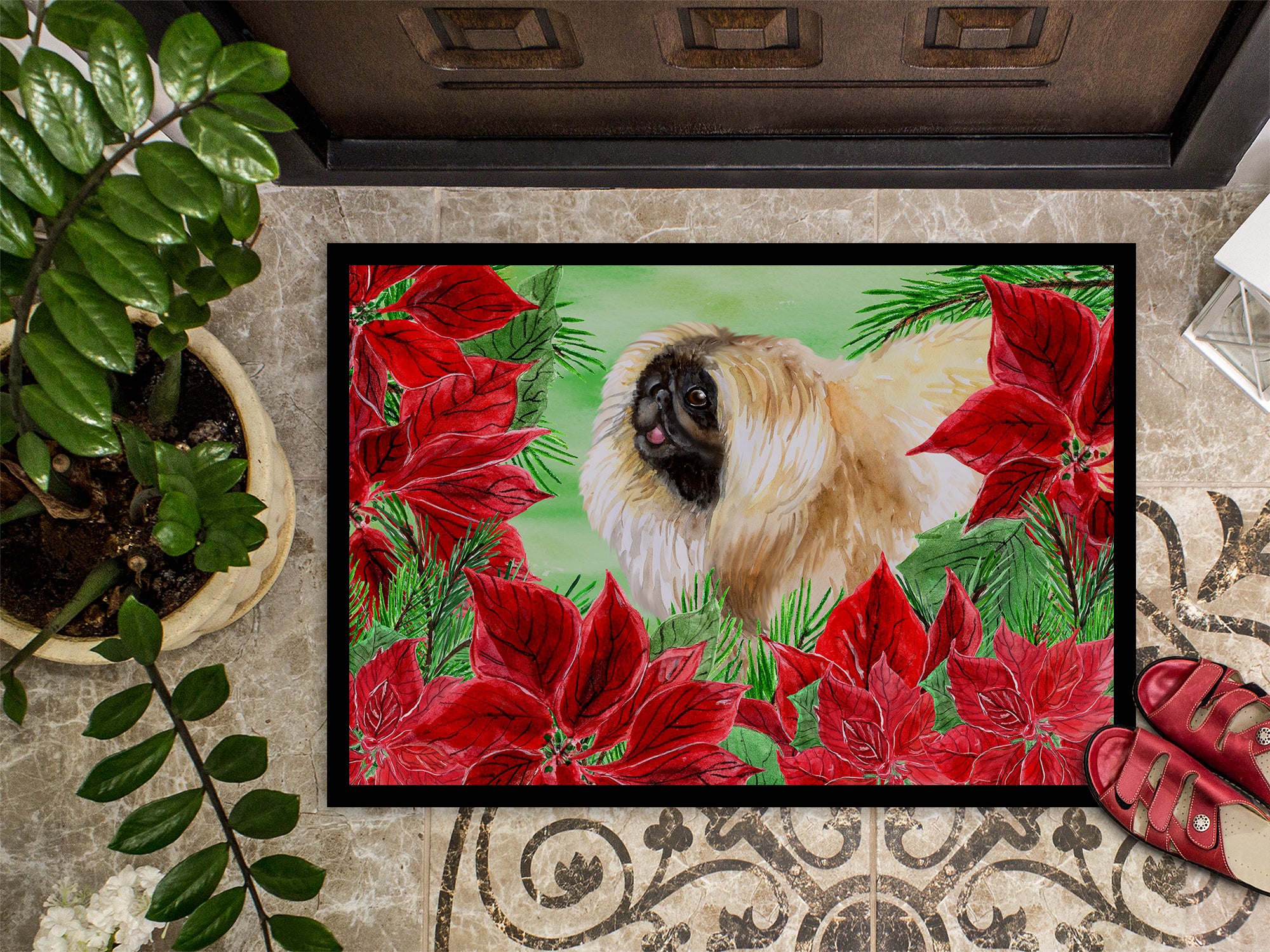 Pekingese Poinsettas Indoor or Outdoor Mat 18x27 CK1329MAT - the-store.com