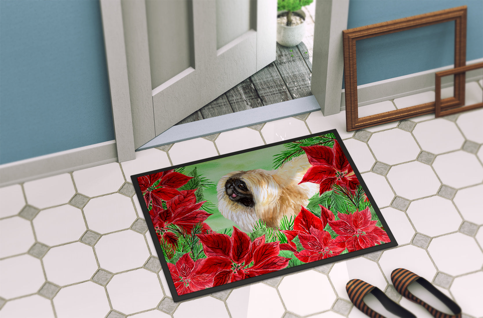 Pekingese Poinsettas Indoor or Outdoor Mat 18x27 CK1329MAT - the-store.com