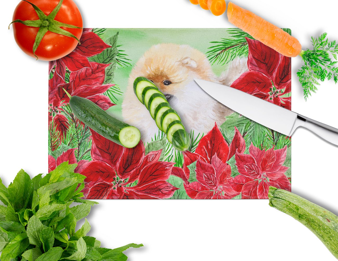 Pomeranian Poinsettas Glass Cutting Board Large CK1330LCB by Caroline's Treasures