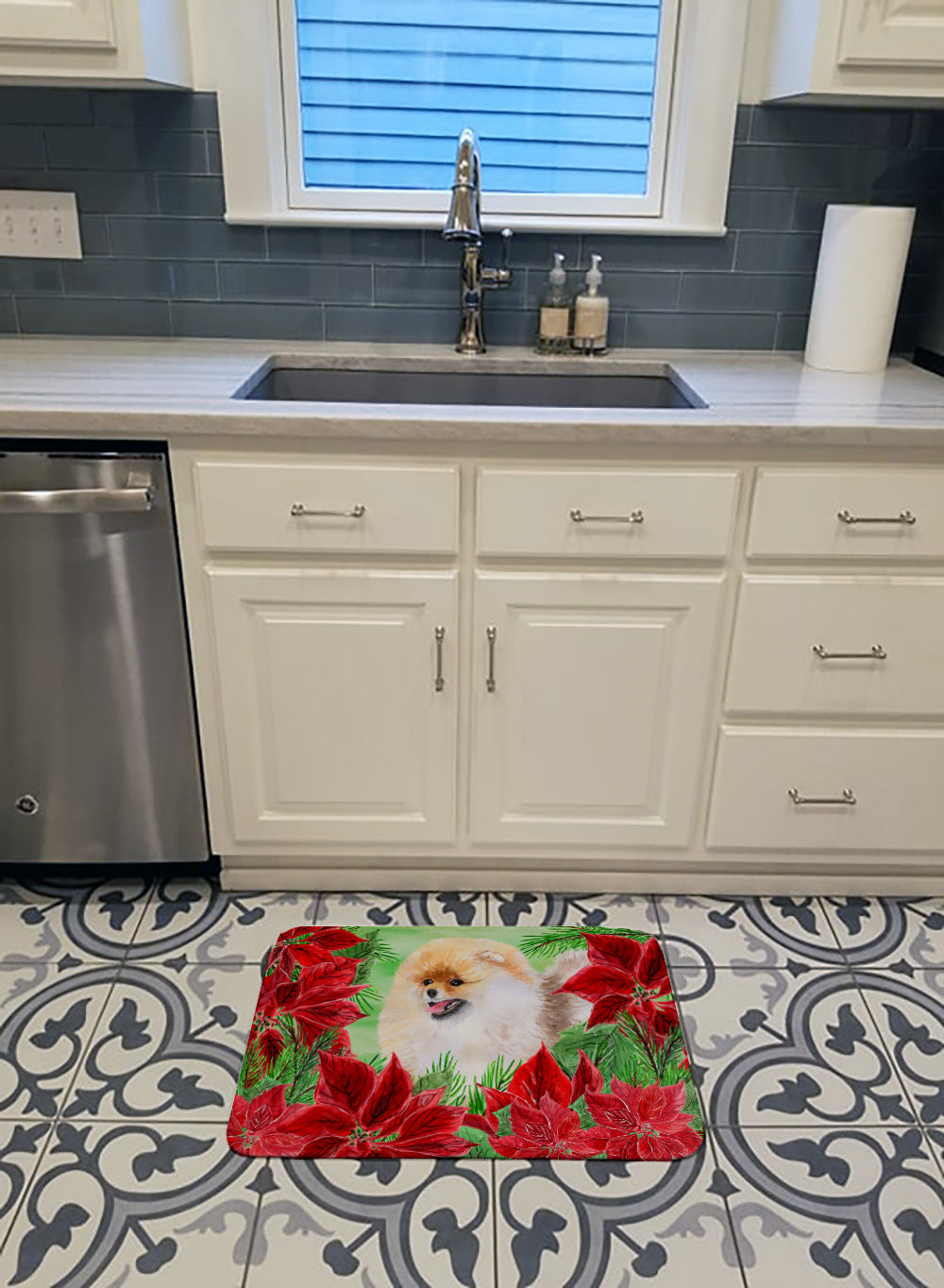 Pomeranian Poinsettas Machine Washable Memory Foam Mat CK1330RUG - the-store.com