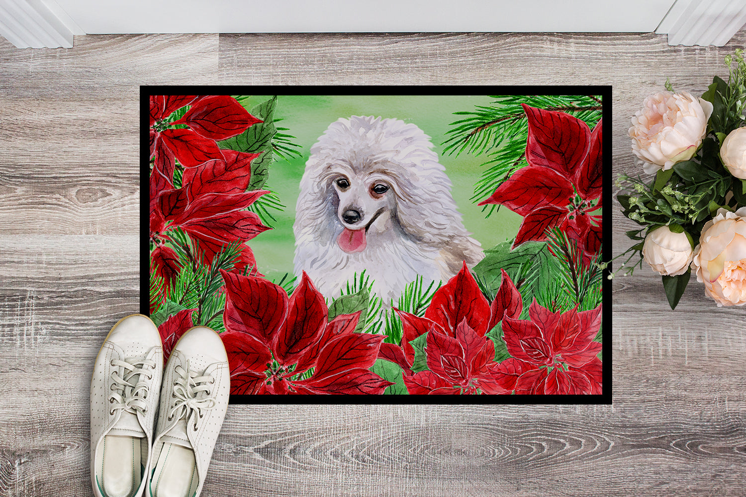 Medium White Poodle Poinsettas Indoor or Outdoor Mat 18x27 CK1331MAT - the-store.com