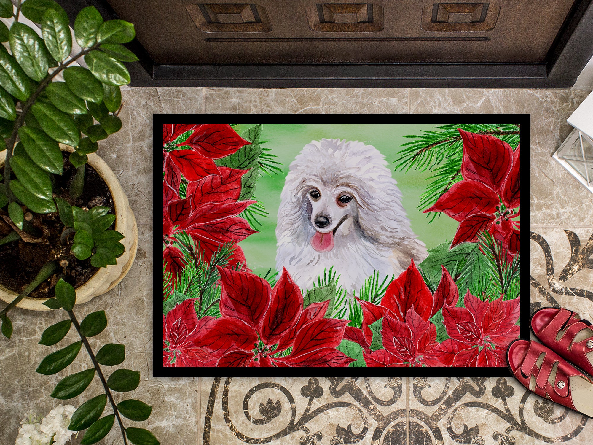 Medium White Poodle Poinsettas Indoor or Outdoor Mat 18x27 CK1331MAT - the-store.com