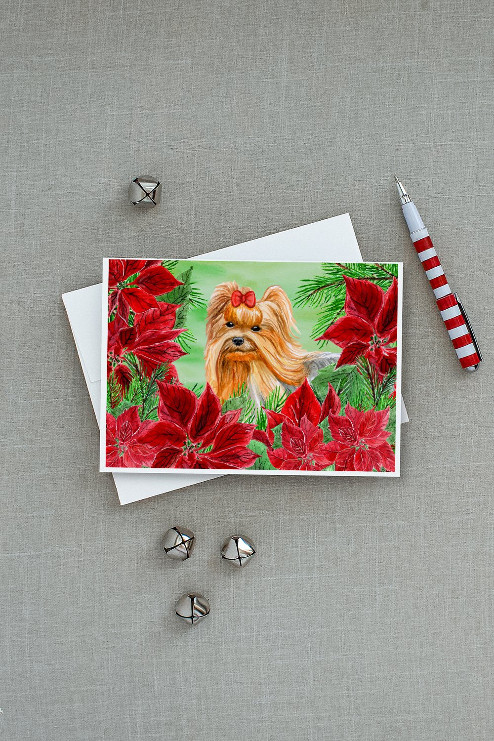 Yorkshire Terrier Poinsettas Greeting Cards and Envelopes Pack of 8 - the-store.com