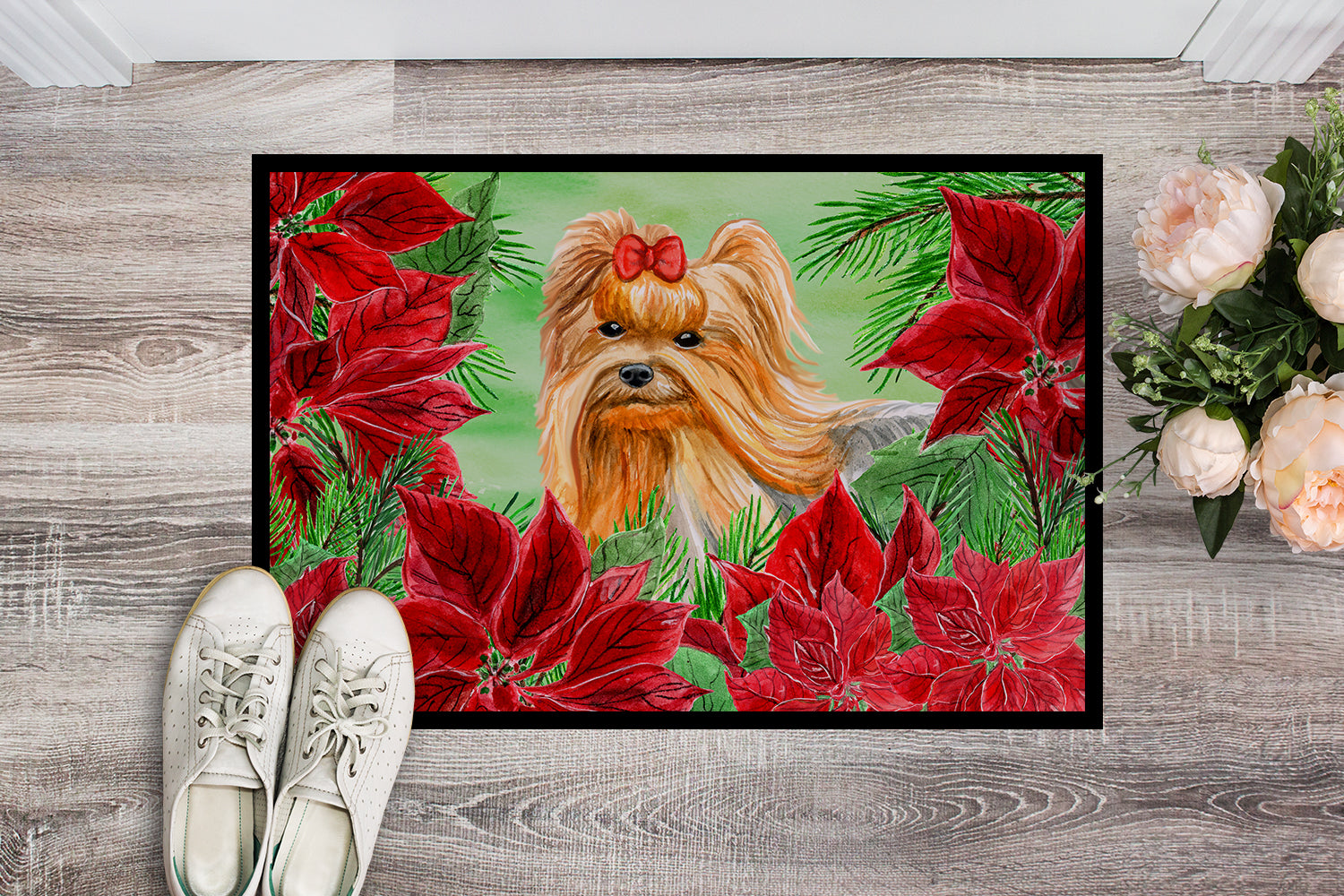 Yorkshire Terrier Poinsettas Indoor or Outdoor Mat 18x27 CK1333MAT - the-store.com