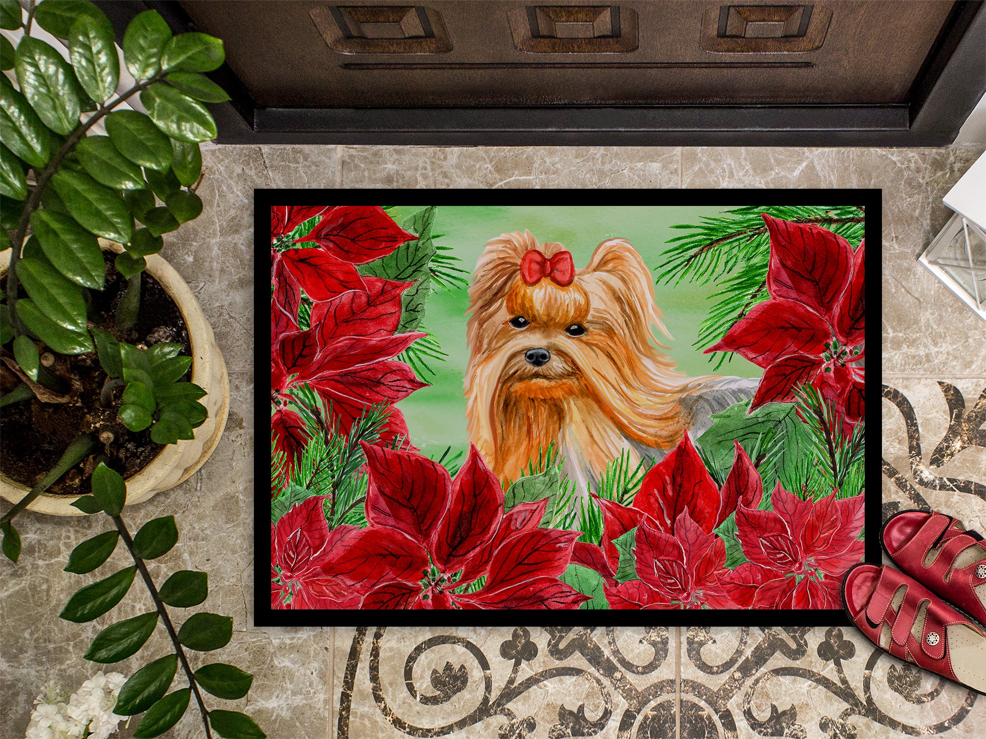 Yorkshire Terrier Poinsettas Indoor or Outdoor Mat 18x27 CK1333MAT - the-store.com