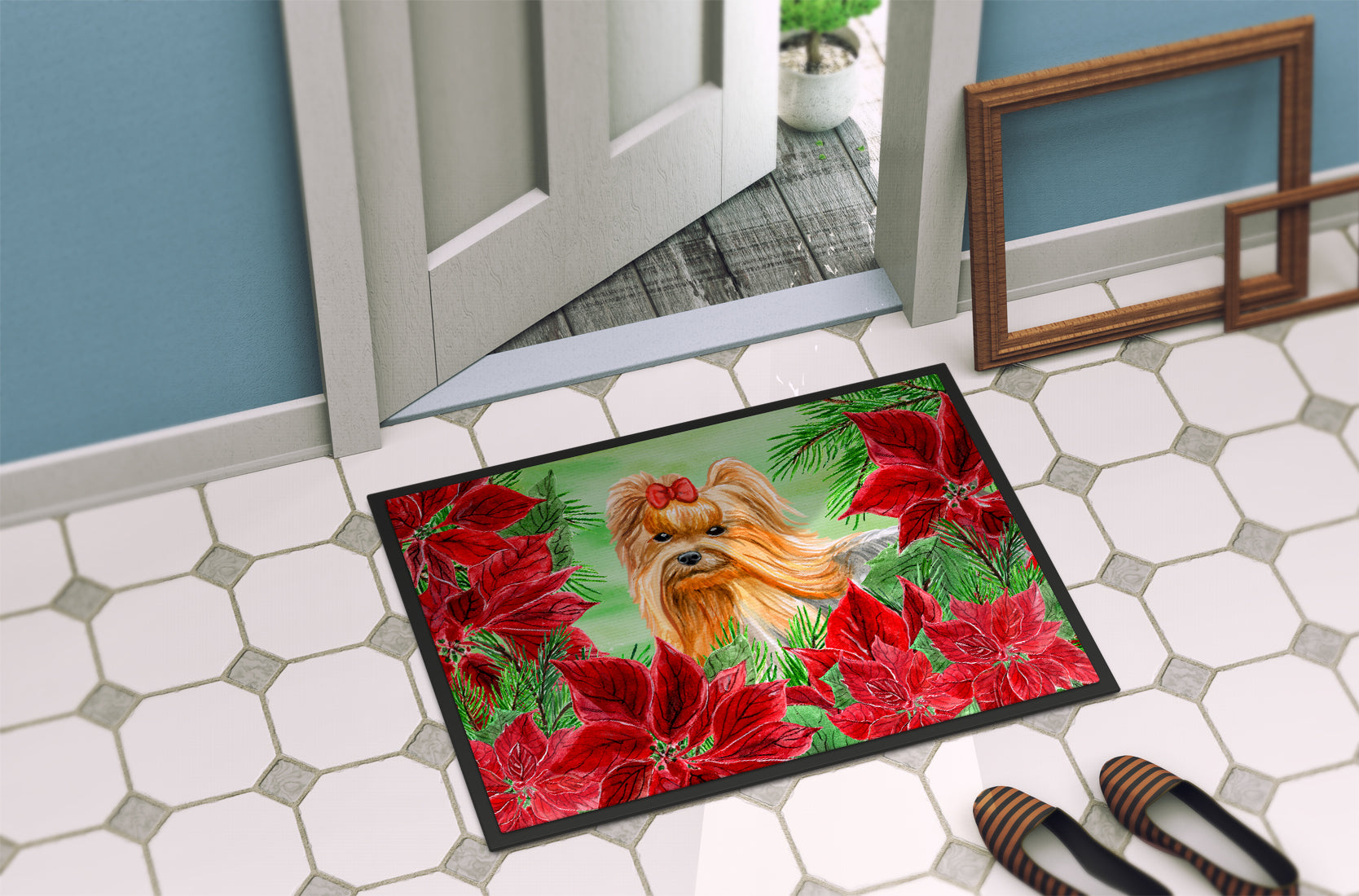 Yorkshire Terrier Poinsettas Indoor or Outdoor Mat 18x27 CK1333MAT - the-store.com