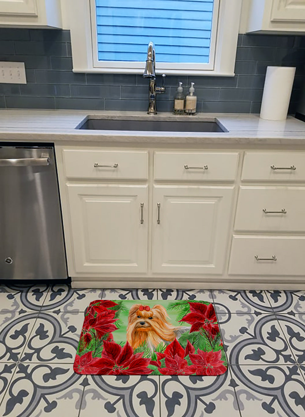 Yorkshire Terrier Poinsettas Machine Washable Memory Foam Mat CK1333RUG - the-store.com