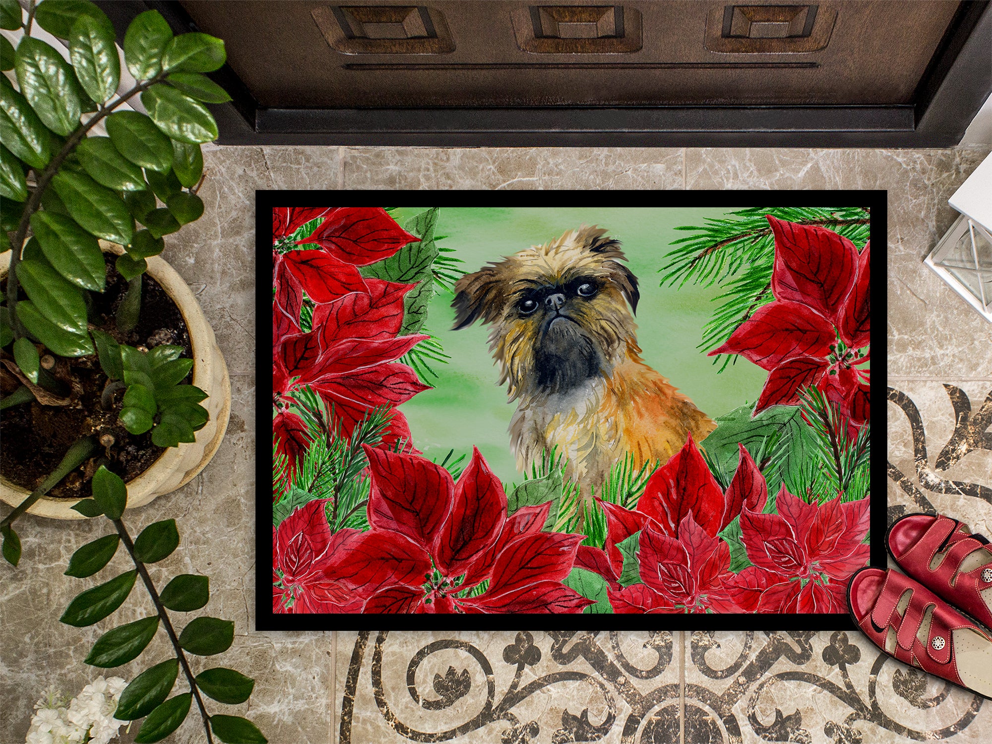 Brussels Griffon Poinsettas Indoor or Outdoor Mat 18x27 CK1335MAT - the-store.com