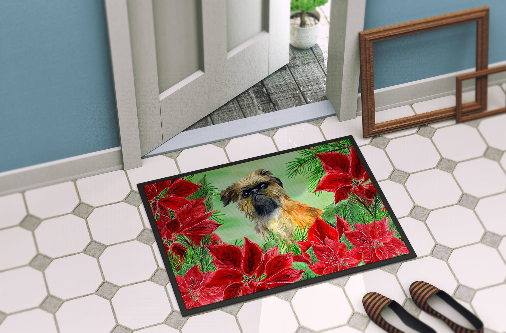 Brussels Griffon Poinsettas Indoor or Outdoor Mat 18x27 CK1335MAT - the-store.com