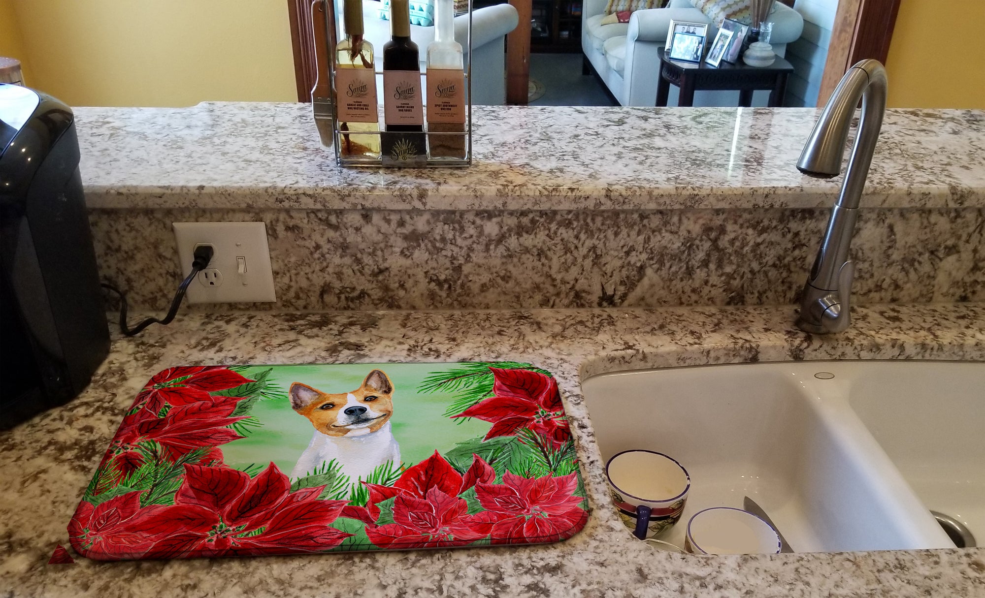 Basenji Poinsettas Dish Drying Mat CK1340DDM  the-store.com.