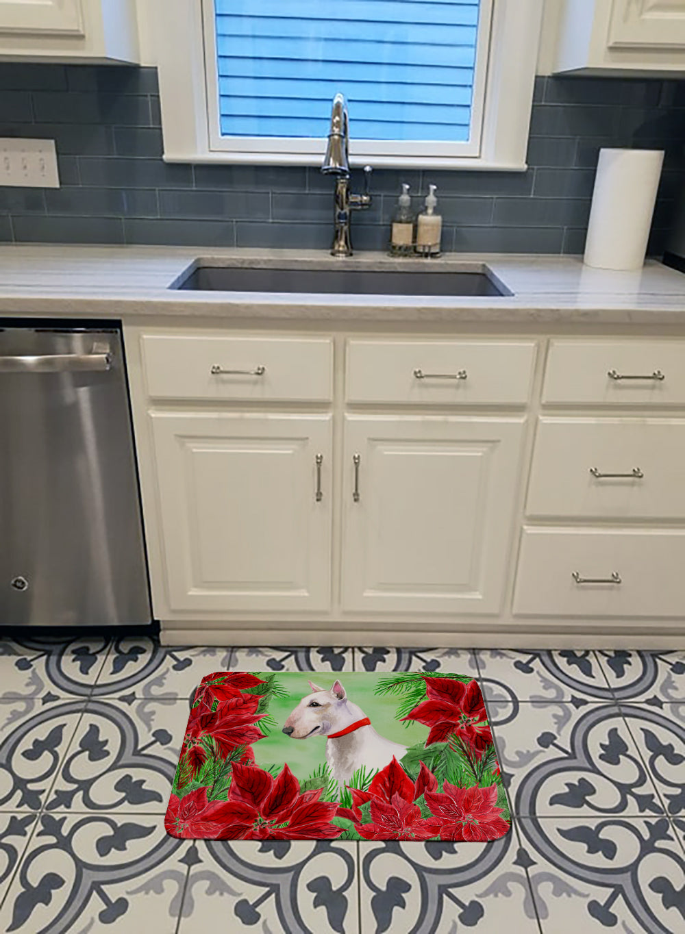 Bull Terrier Poinsettas Machine Washable Memory Foam Mat CK1341RUG - the-store.com