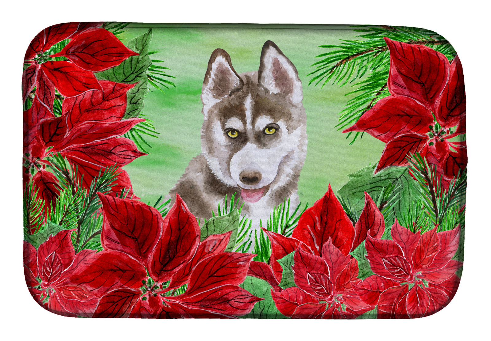 Siberian Husky Grey Poinsettas Dish Drying Mat CK1344DDM  the-store.com.