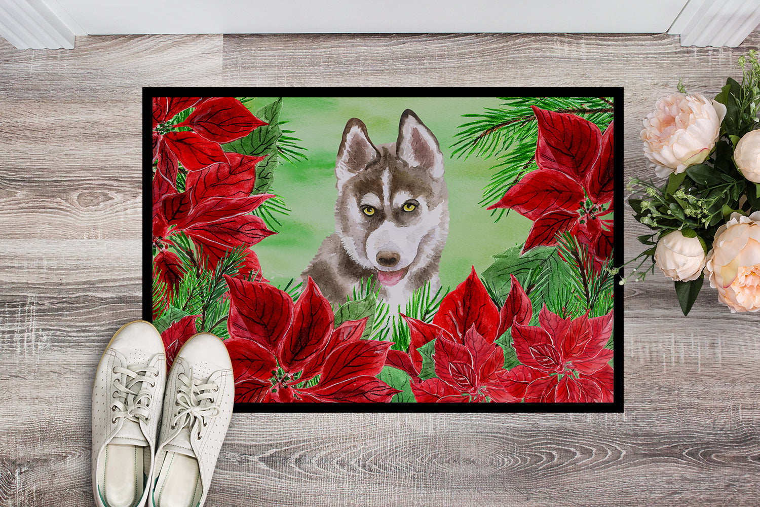 Siberian Husky Grey Poinsettas Indoor or Outdoor Mat 18x27 CK1344MAT - the-store.com