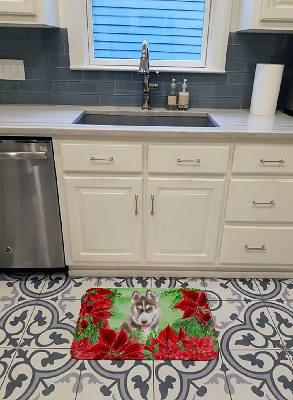 Siberian Husky Grey Poinsettas Machine Washable Memory Foam Mat CK1344RUG - the-store.com