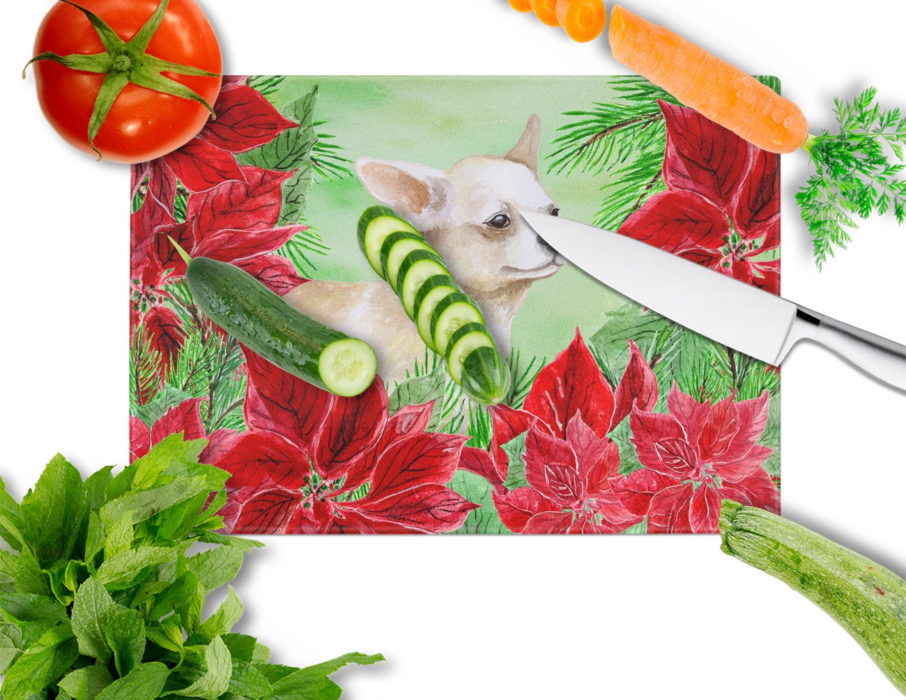 Chihuahua Leg up Poinsettas Glass Cutting Board Large CK1345LCB by Caroline's Treasures