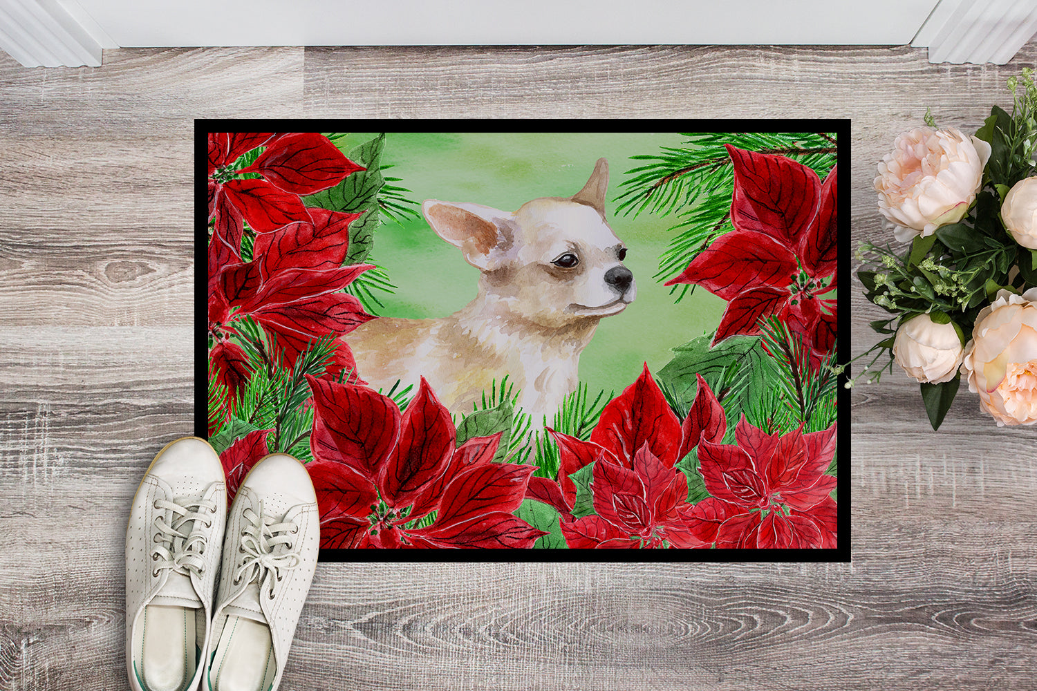 Chihuahua Leg up Poinsettas Indoor or Outdoor Mat 18x27 CK1345MAT - the-store.com