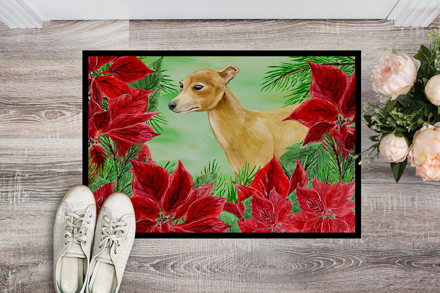 Italian Greyhound Poinsettas Indoor or Outdoor Mat 18x27 CK1346MAT - the-store.com