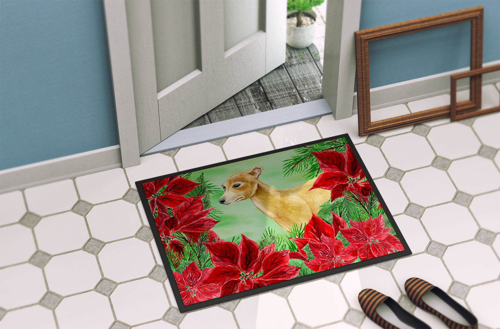 Italian Greyhound Poinsettas Indoor or Outdoor Mat 18x27 CK1346MAT - the-store.com