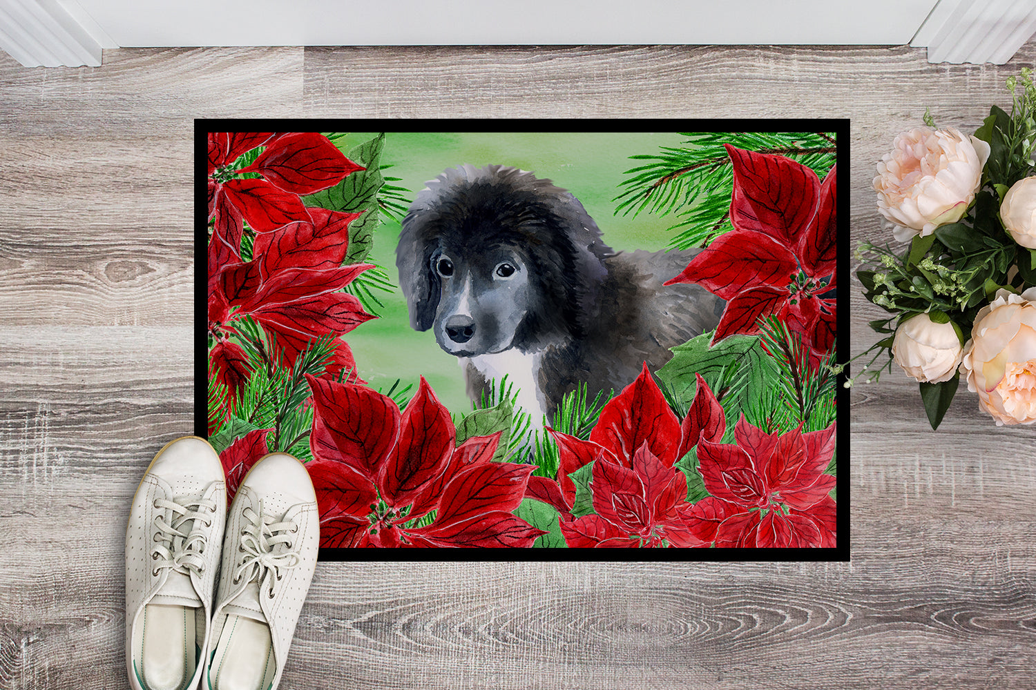 Newfoundland Puppy Poinsettas Indoor or Outdoor Mat 18x27 CK1347MAT - the-store.com