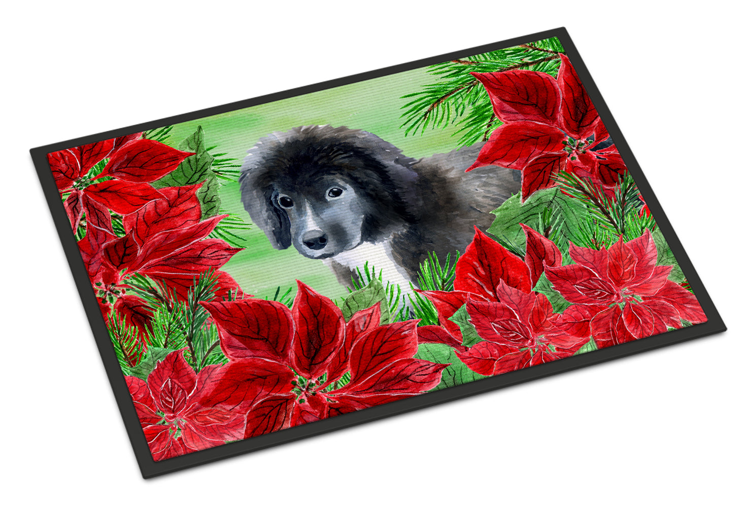 Newfoundland Puppy Poinsettas Indoor or Outdoor Mat 18x27 CK1347MAT - the-store.com