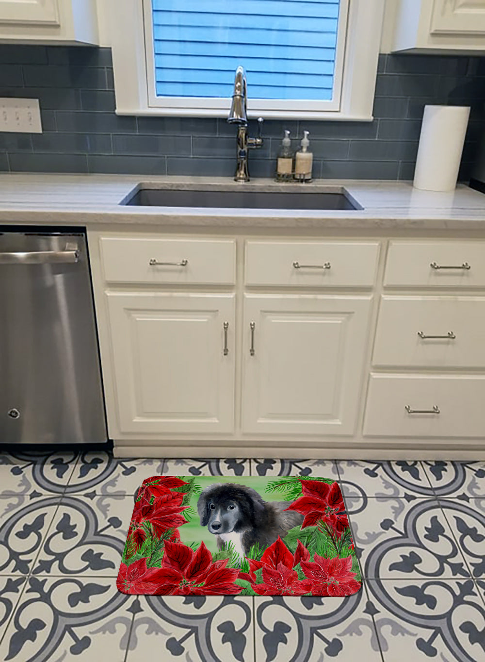 Newfoundland Puppy Poinsettas Machine Washable Memory Foam Mat CK1347RUG - the-store.com