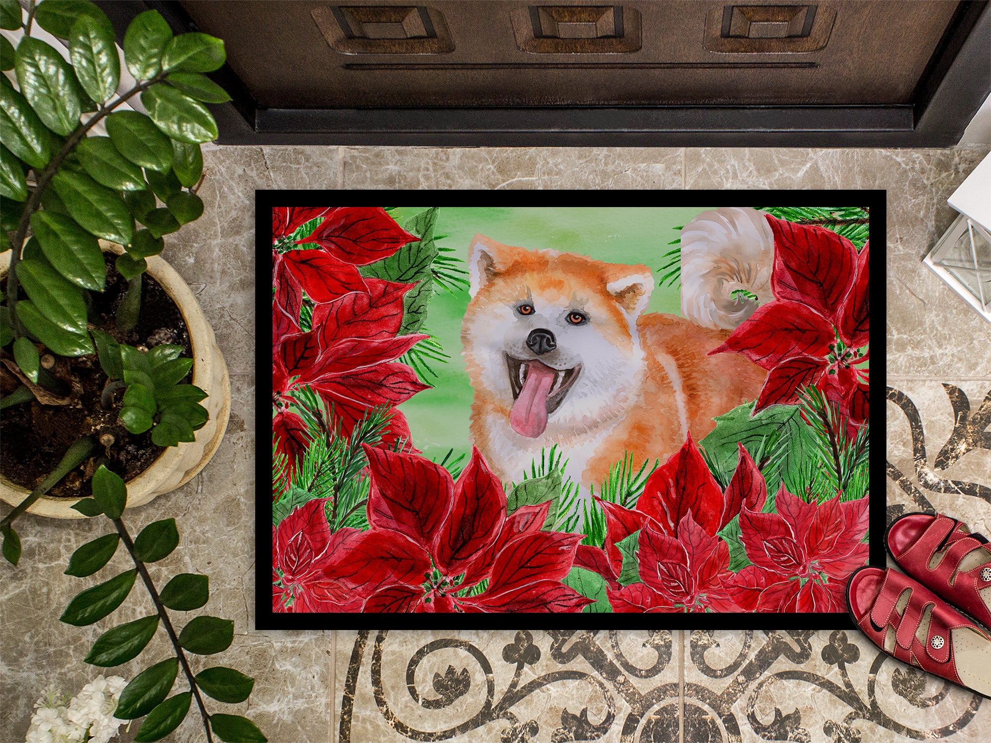 Akita Poinsettas Indoor or Outdoor Mat 18x27 CK1351MAT - the-store.com