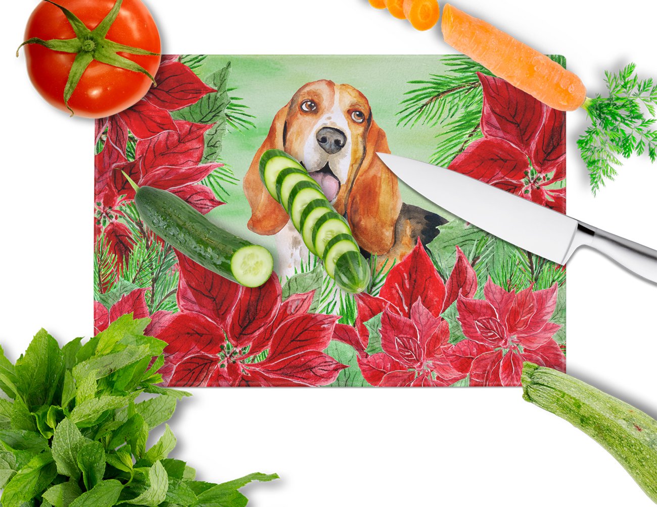 Basset Hound Poinsettas Glass Cutting Board Large CK1352LCB by Caroline's Treasures