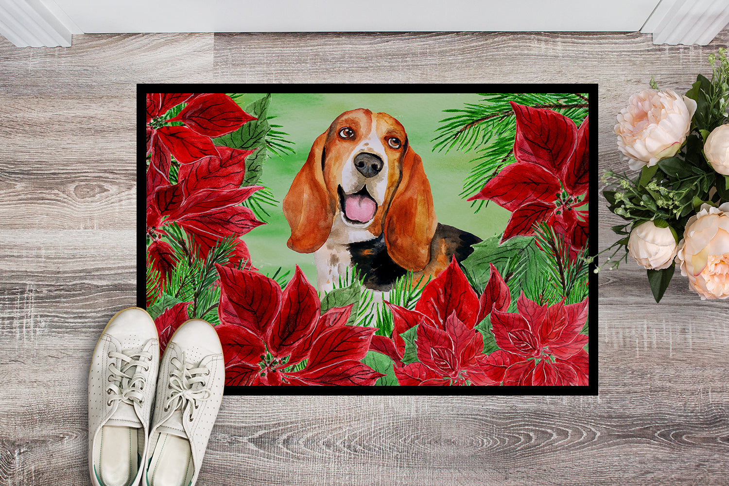 Basset Hound Poinsettas Indoor or Outdoor Mat 18x27 CK1352MAT - the-store.com