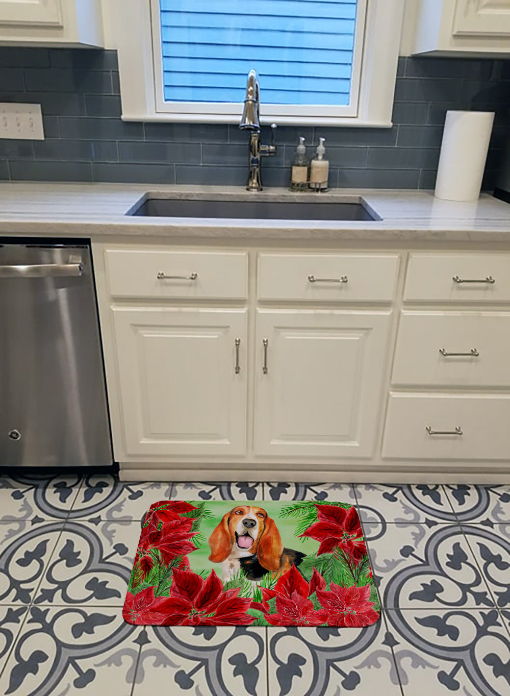 Basset Hound Poinsettas Machine Washable Memory Foam Mat CK1352RUG - the-store.com