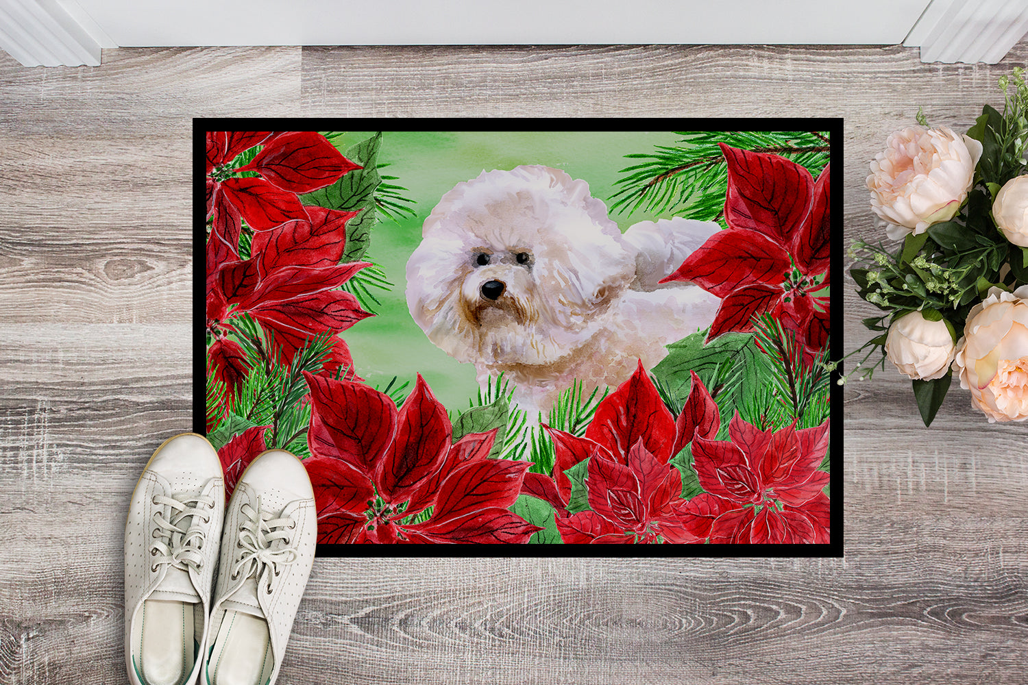 Bichon Frise #2 Poinsettas Indoor or Outdoor Mat 18x27 CK1353MAT - the-store.com