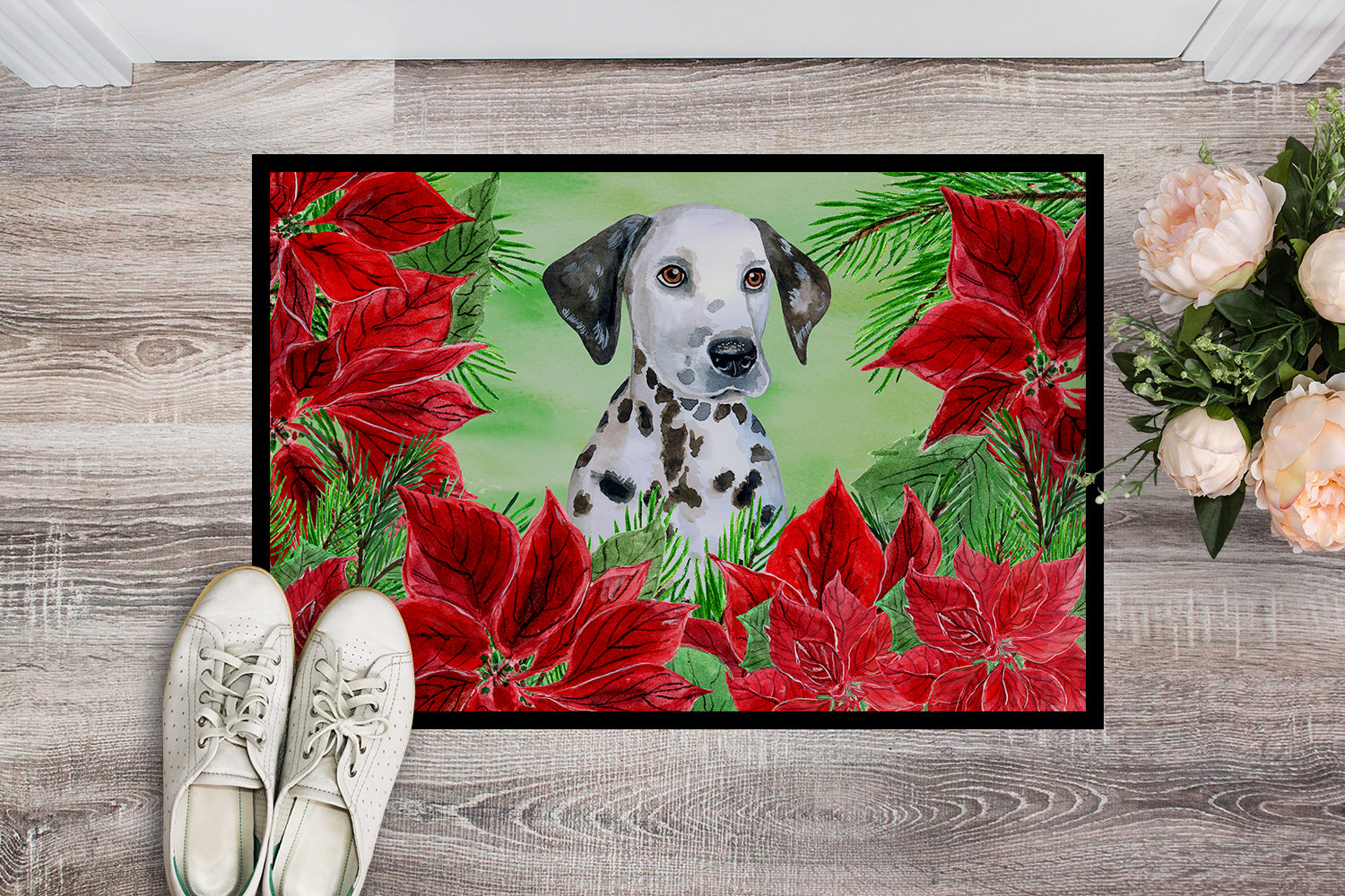 Dalmatian Puppy Poinsettas Indoor or Outdoor Mat 18x27 CK1356MAT - the-store.com