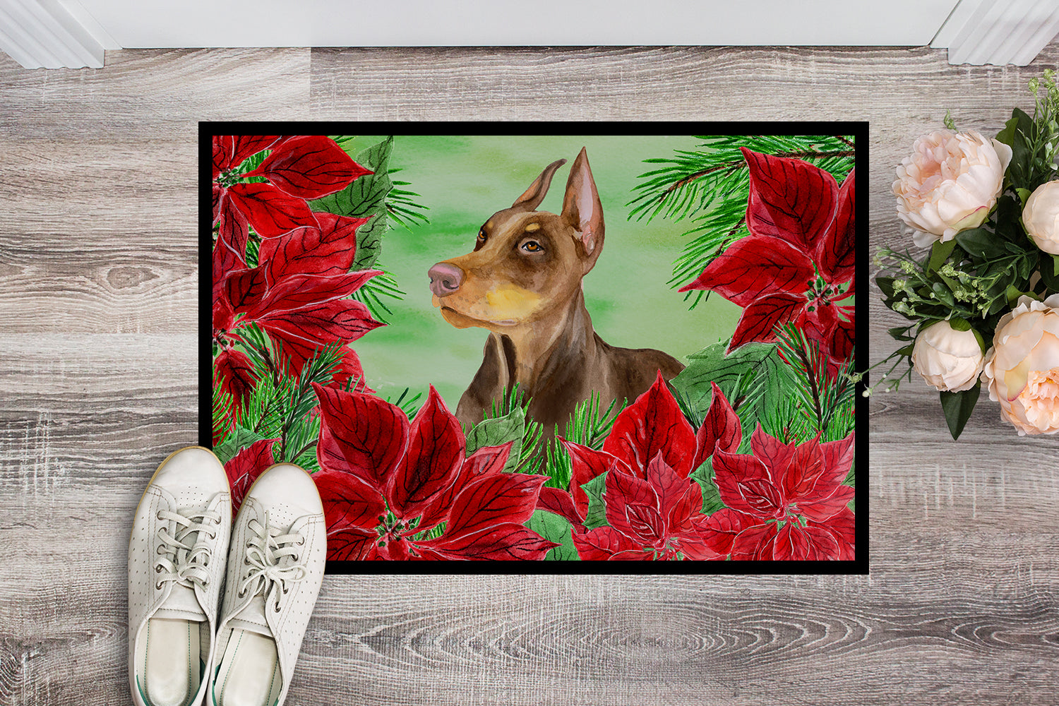 Doberman Pinscher Poinsettas Indoor or Outdoor Mat 18x27 CK1357MAT - the-store.com