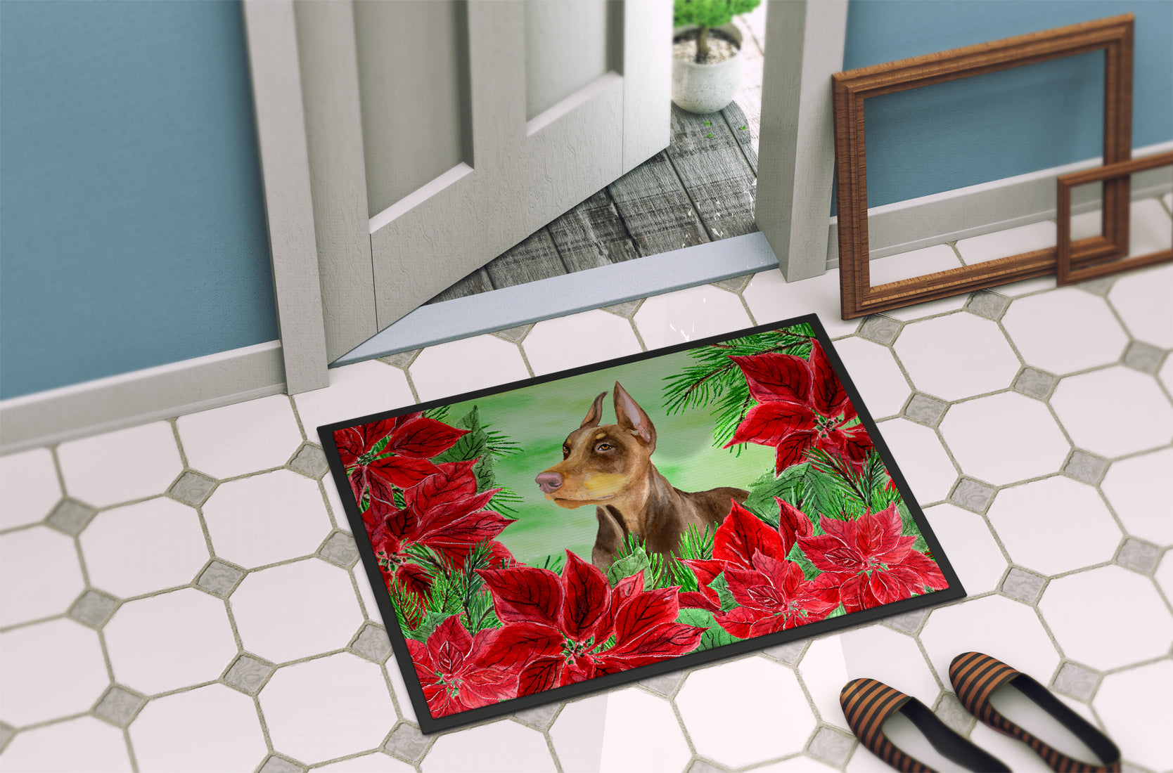 Doberman Pinscher Poinsettas Indoor or Outdoor Mat 18x27 CK1357MAT - the-store.com