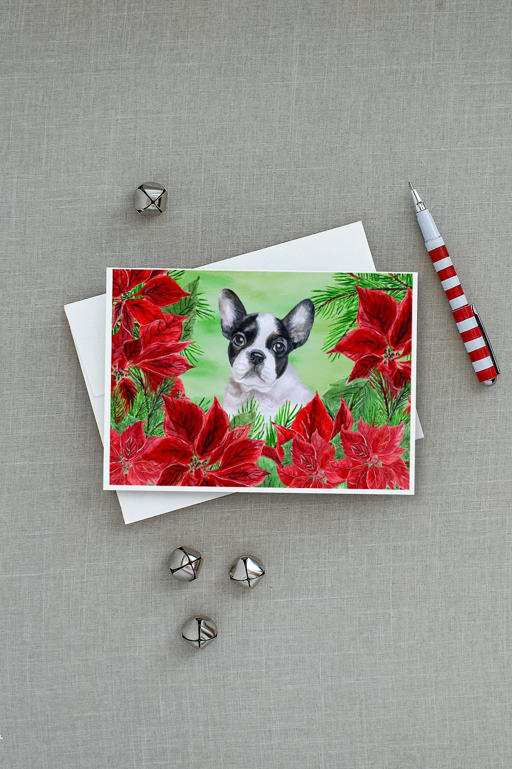 French Bulldog Black White Poinsettas Greeting Cards and Envelopes Pack of 8 - the-store.com