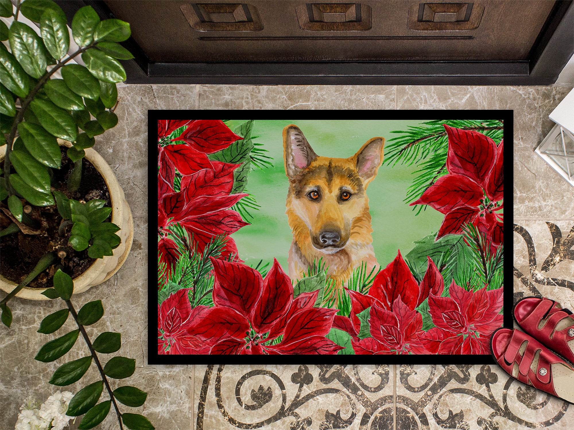 German Shepherd #2 Poinsettas Indoor or Outdoor Mat 18x27 CK1359MAT - the-store.com