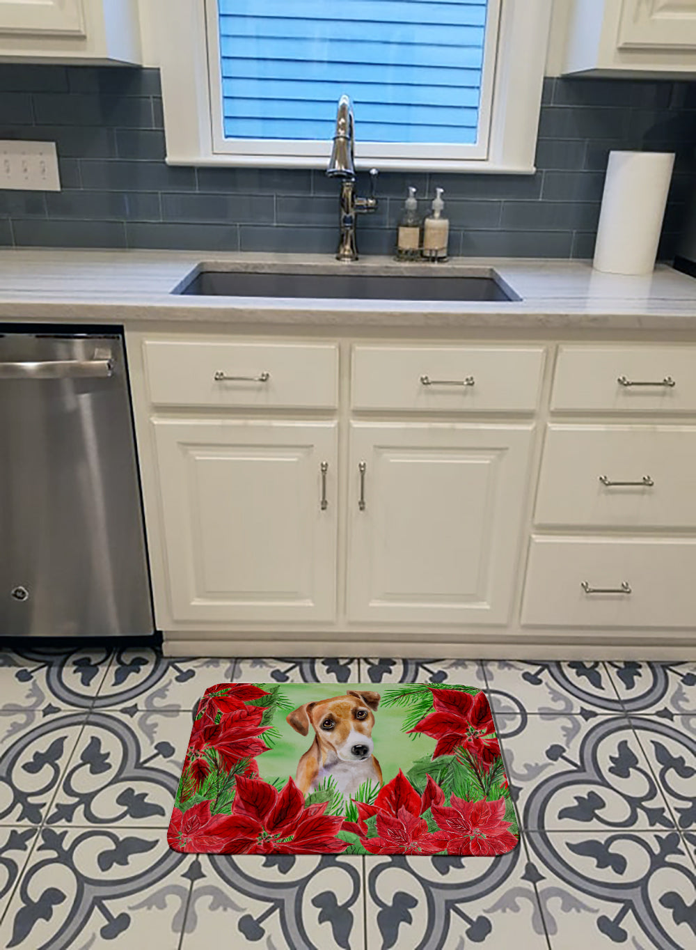 Jack Russell Terrier #2 Poinsettas Machine Washable Memory Foam Mat CK1360RUG - the-store.com