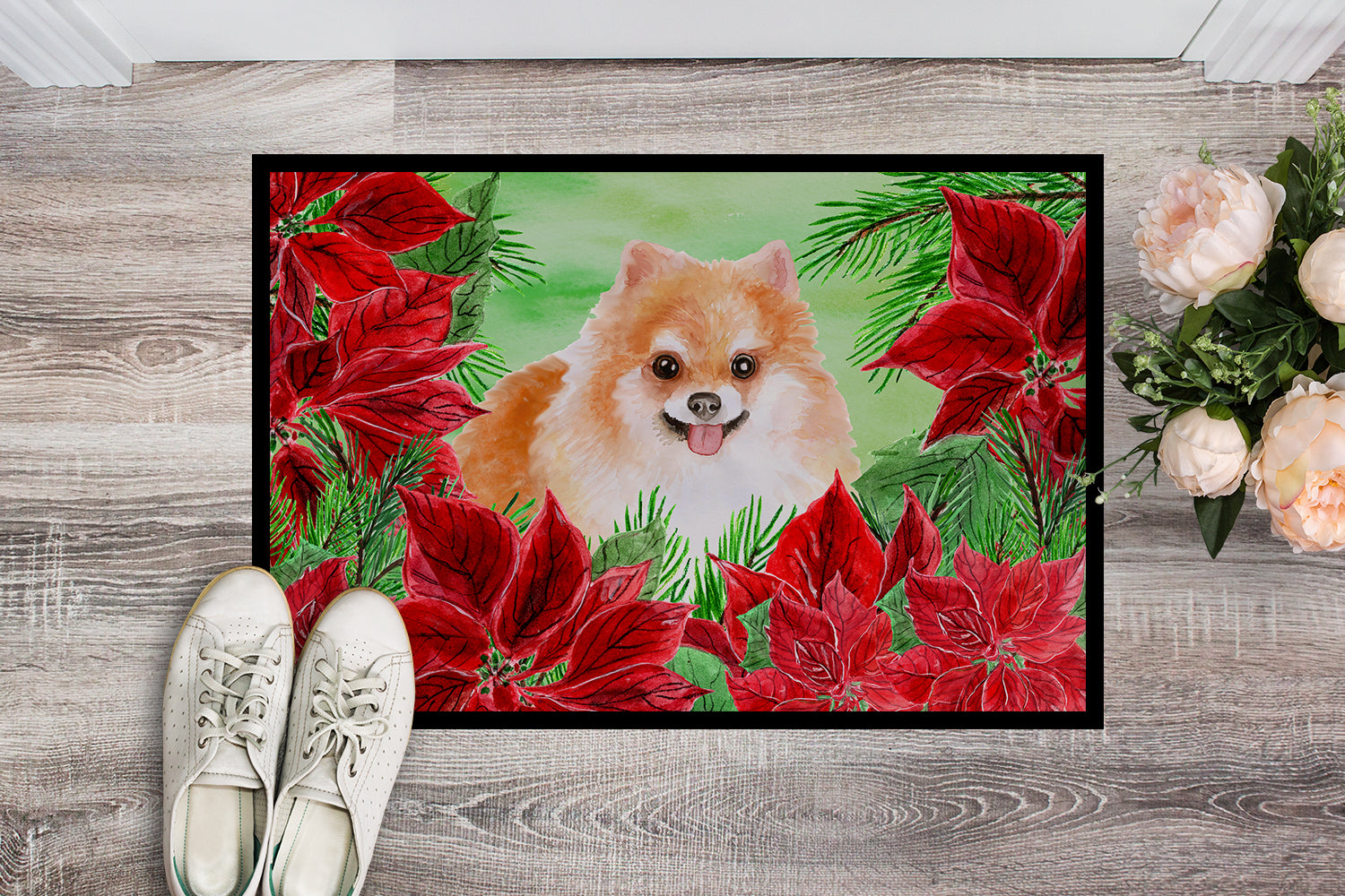 Pomeranian #2 Poinsettas Indoor or Outdoor Mat 18x27 CK1363MAT - the-store.com