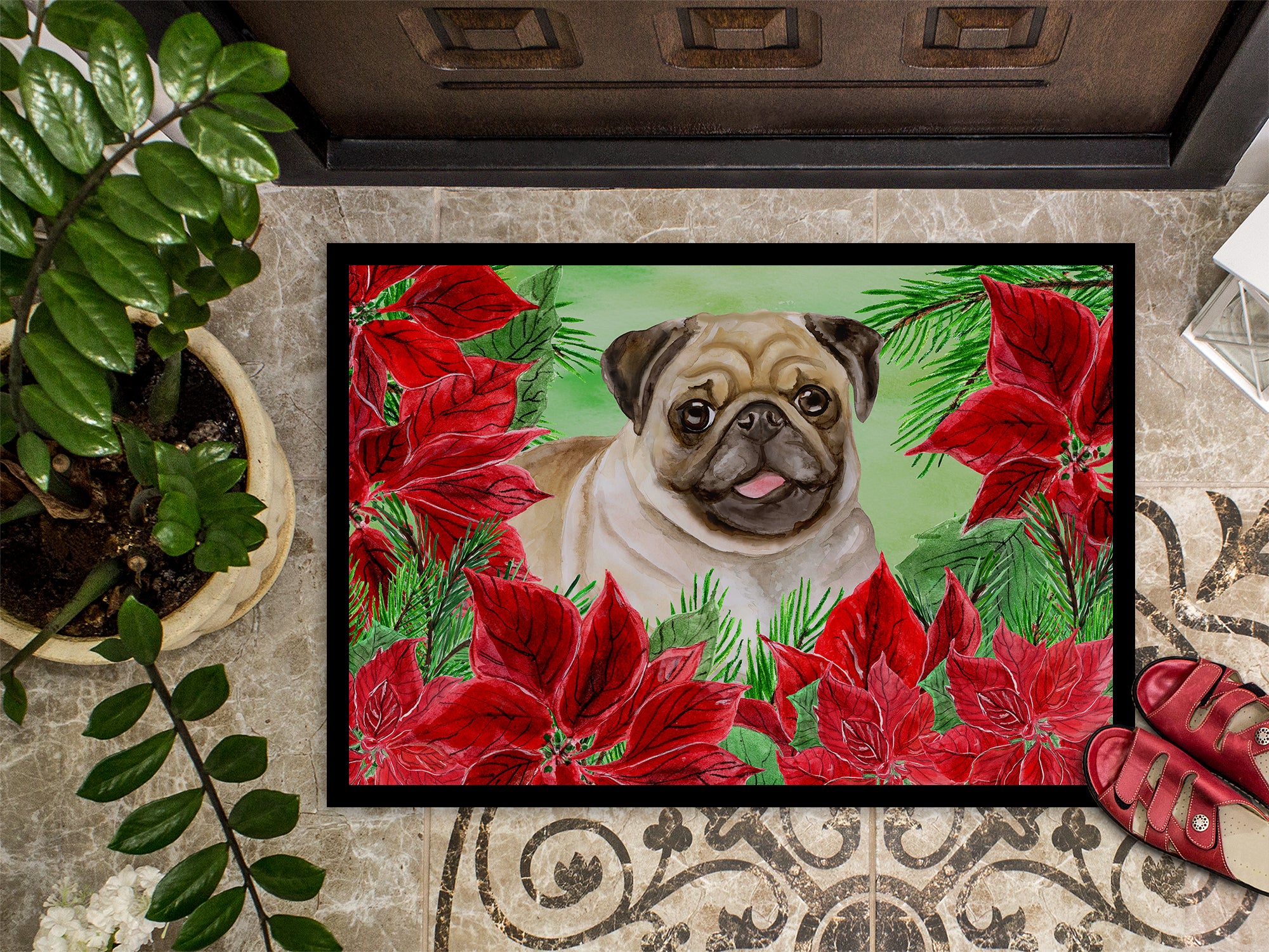 Fawn Pug Poinsettas Indoor or Outdoor Mat 18x27 CK1365MAT - the-store.com