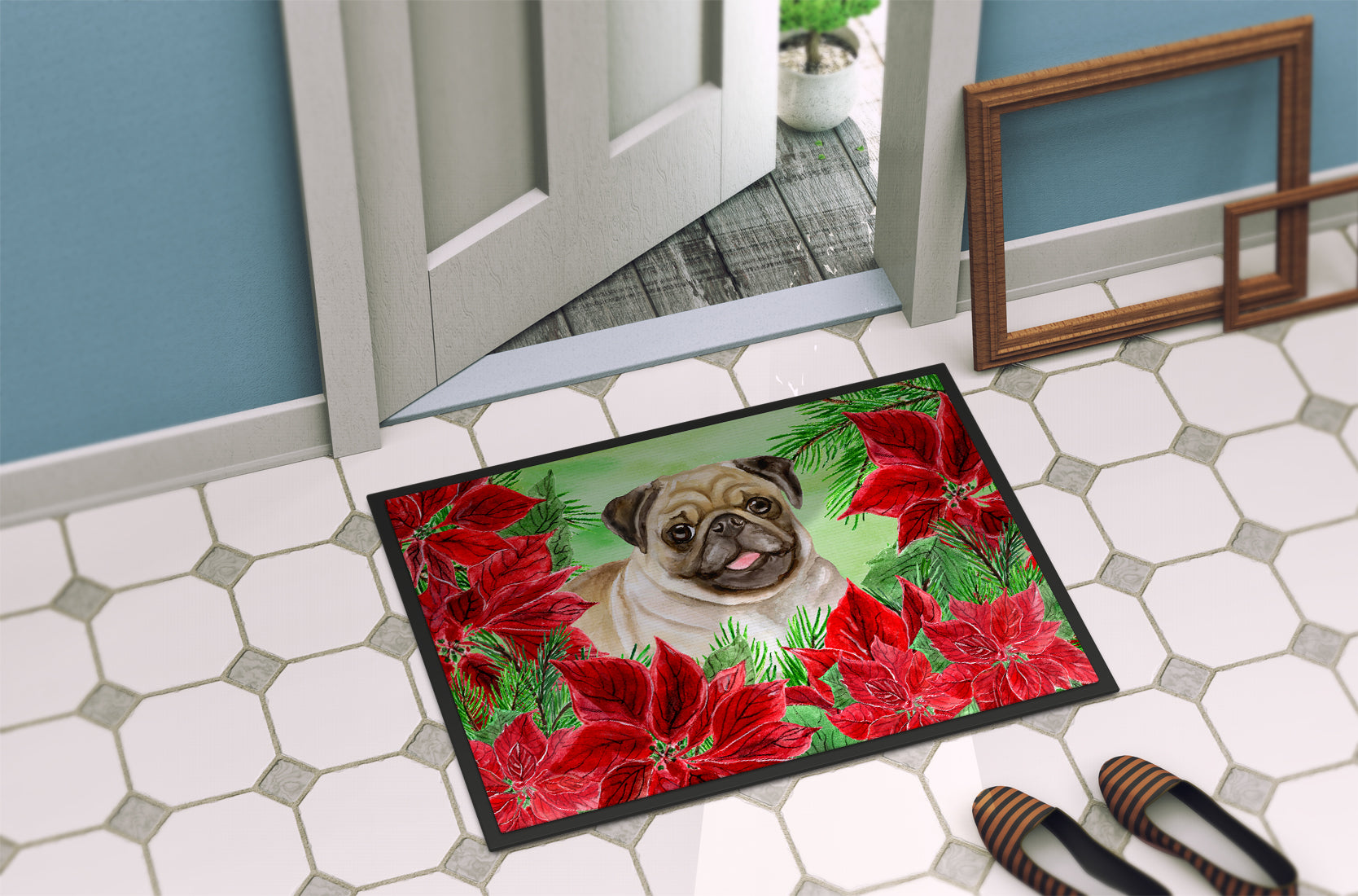 Fawn Pug Poinsettas Indoor or Outdoor Mat 18x27 CK1365MAT - the-store.com